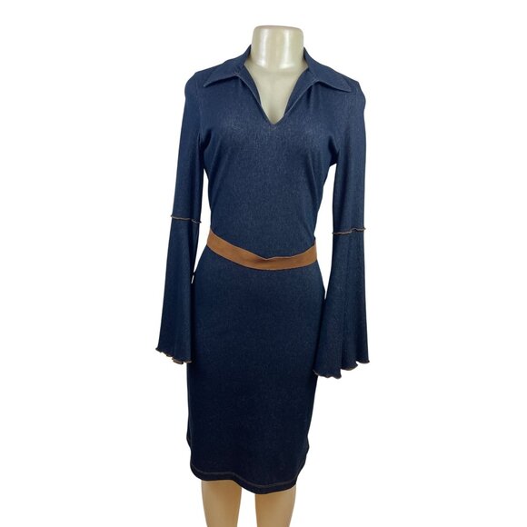 Moa Moa Blue Denim Bell Sleeve Dress With Tan Waist Tie Size M - Picture 1 of 9